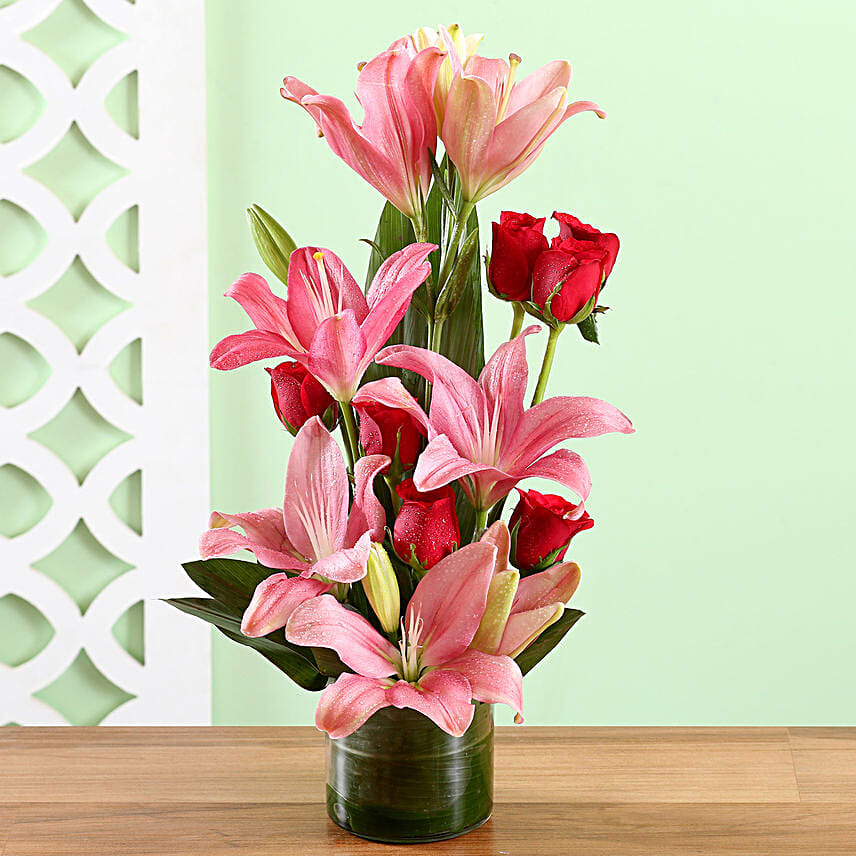 Lilies N Roses Flowers Vase Arrangement